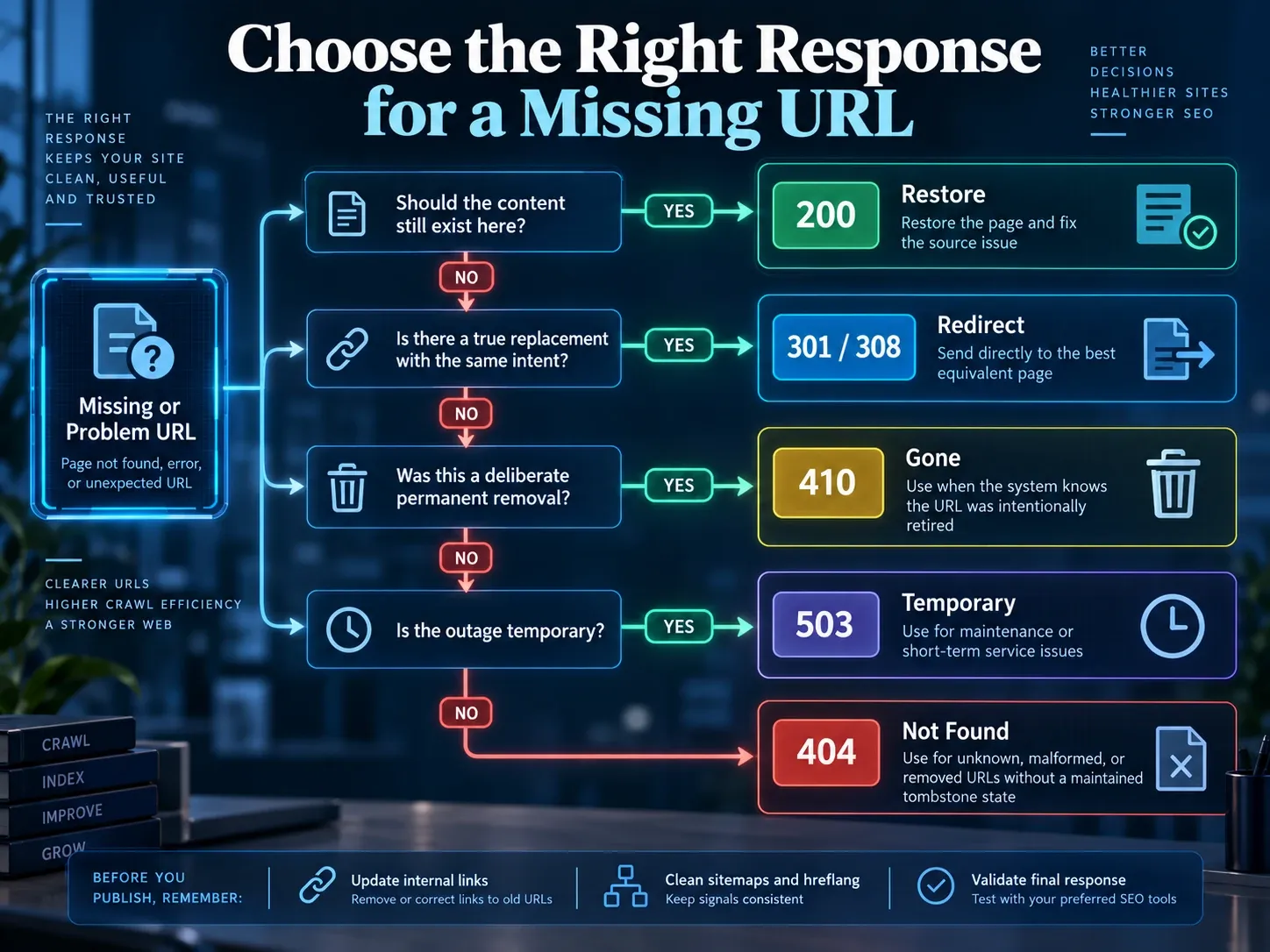 Decision flow for choosing 200, 301, 410, 404, or 503 for a missing URL