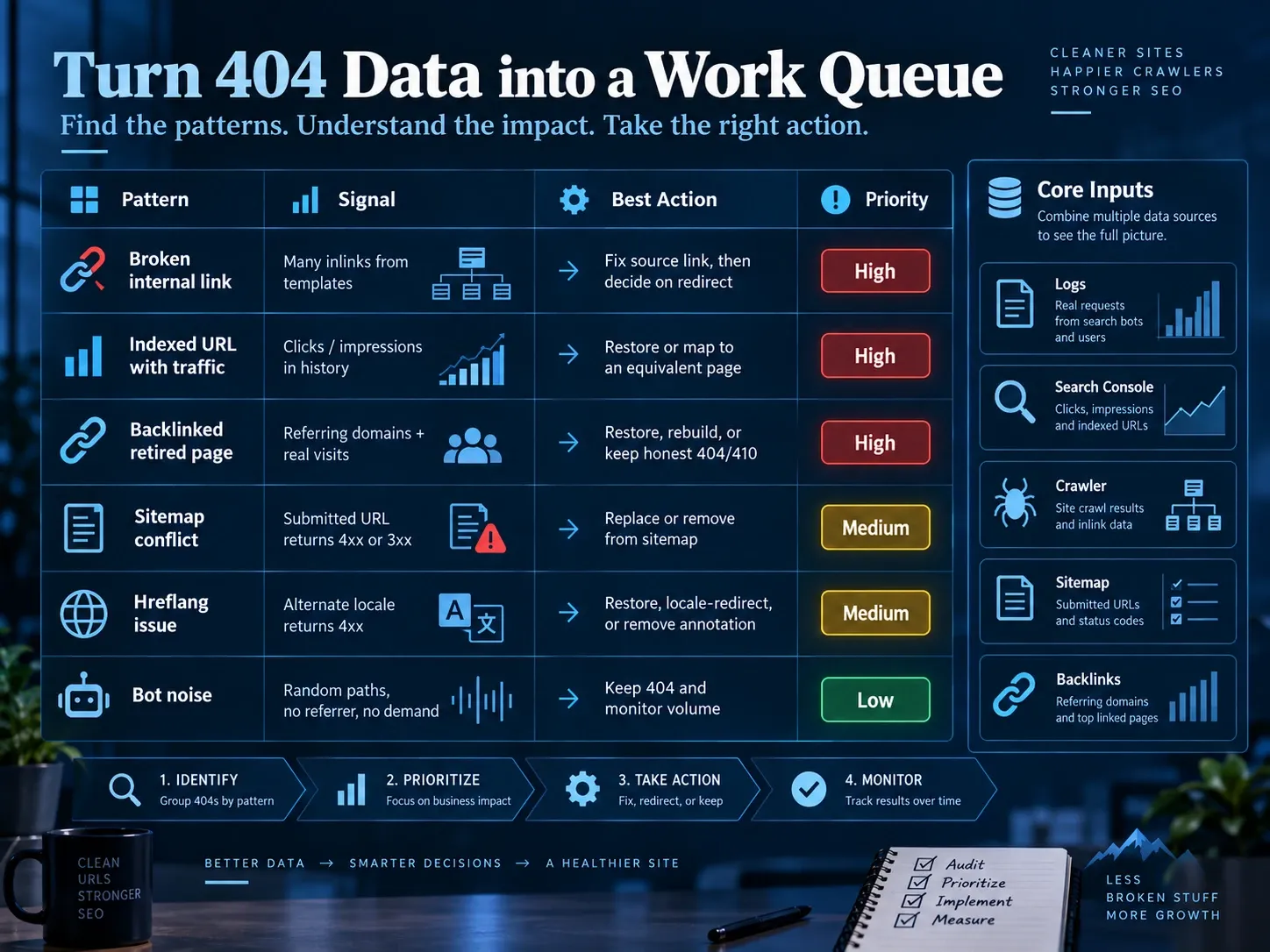 404 work queue grouped by URL source, search demand, status, priority, and corrective action