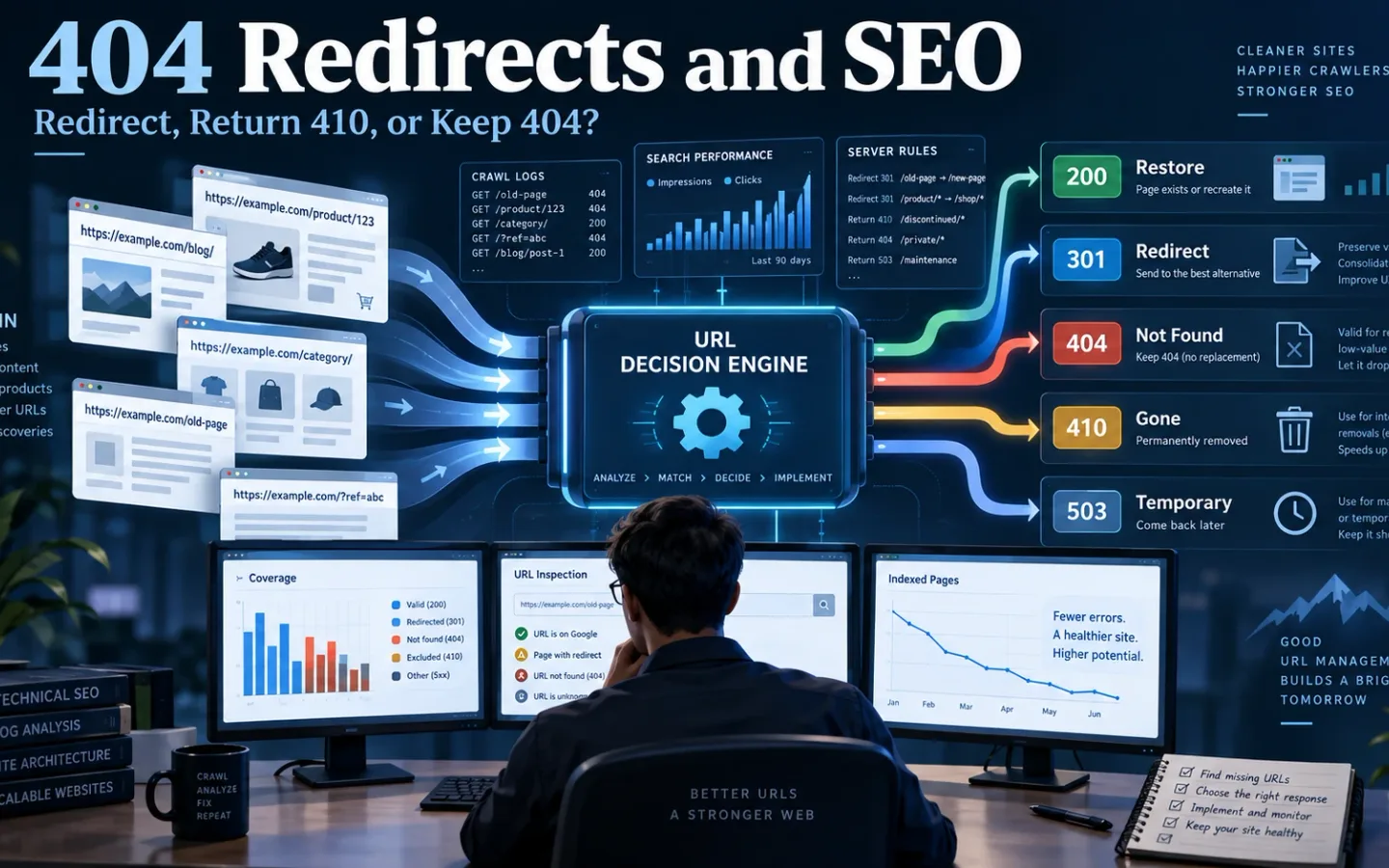 Technical SEO dashboard showing missing URLs routed to 301, 410, 404, 200, and 503 responses