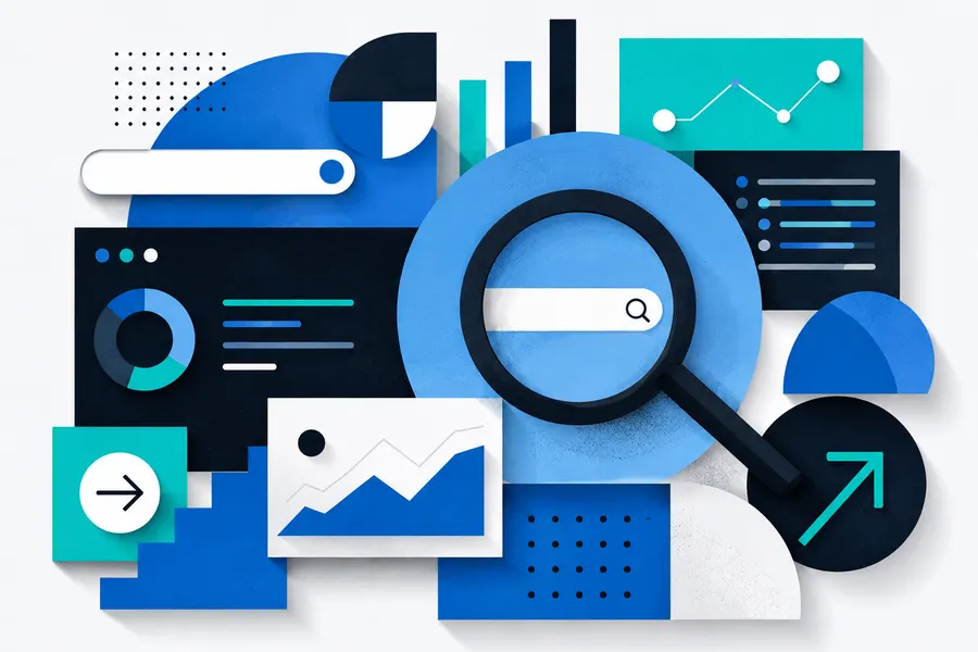 Paper-craft magnifying glass over a search bar, charts and a rising graph, illustrating an AI search citation test.