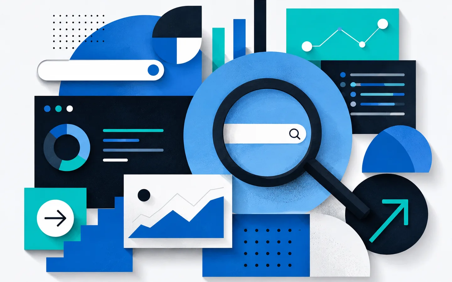 Paper-craft magnifying glass over a search bar, charts and a rising graph, illustrating an AI search citation test.