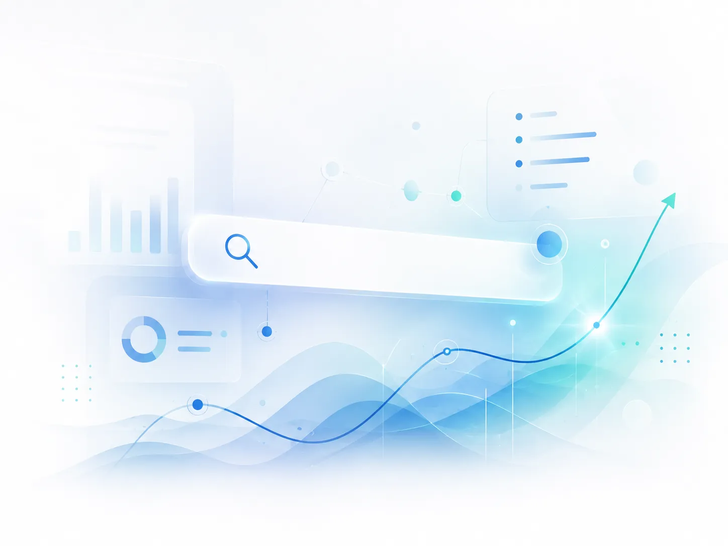 An abstract AI search analytics interface with a search bar, source indicators and a rising blue-green visibility graph.