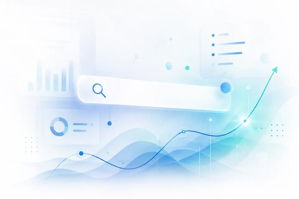 An abstract AI search analytics interface with a search bar, source indicators and a rising blue-green visibility graph.