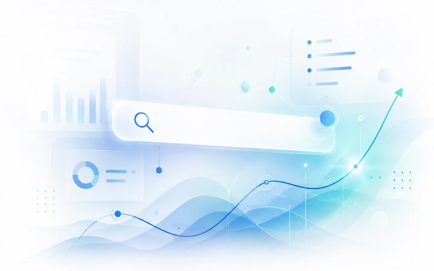 An abstract AI search analytics interface with a search bar, source indicators and a rising blue-green visibility graph.