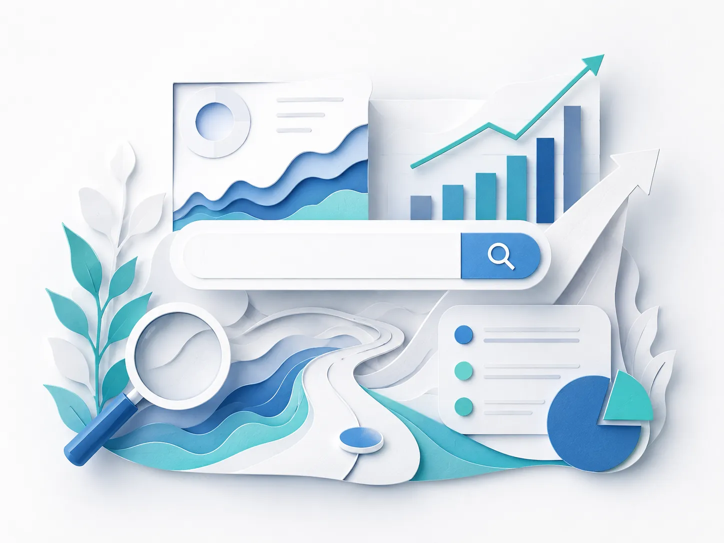 A paper-craft illustration of a search bar with a rising bar chart, a pie chart and a winding path.