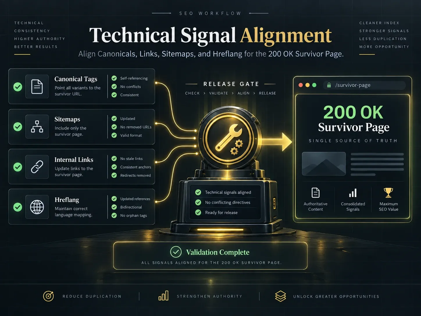 Technical signal alignment diagram showing redirects, canonicals, sitemaps, links, and a final 200 response