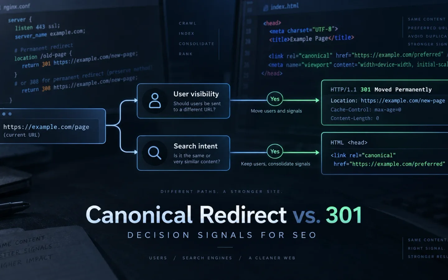 Diagram comparing canonical tags with 301 redirects across duplicate and moved URLs