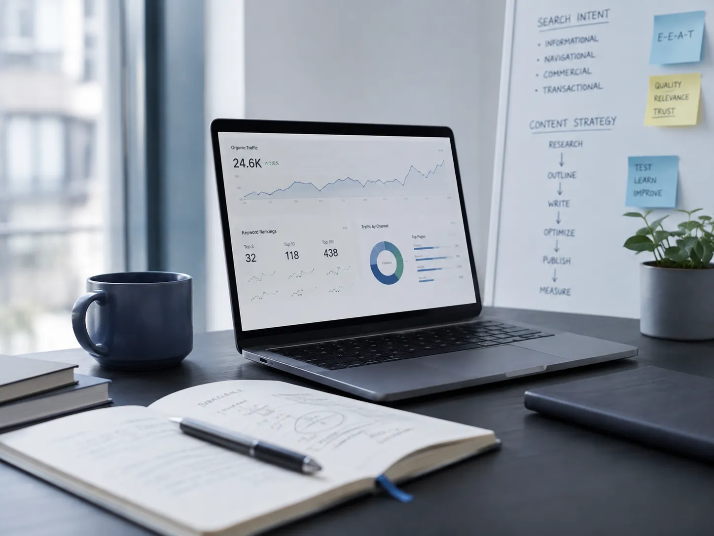 A laptop with an SEO dashboard beside a whiteboard mapping a content strategy.