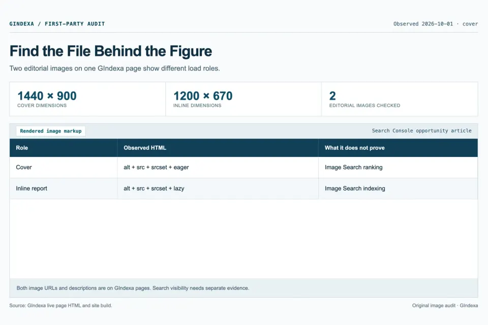 GIndexa image audit record comparing the rendered cover and inline figure markup of a published Search Console article.