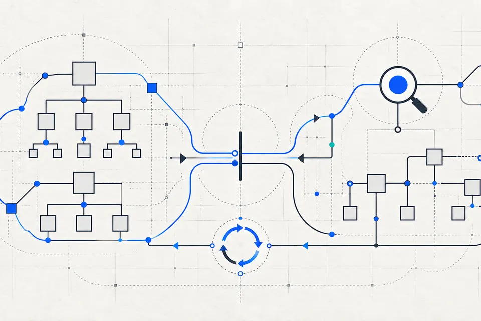 Editorial diagram of website architecture and search paths starting together, crossing a launch marker, and continuing as a feedback loop.