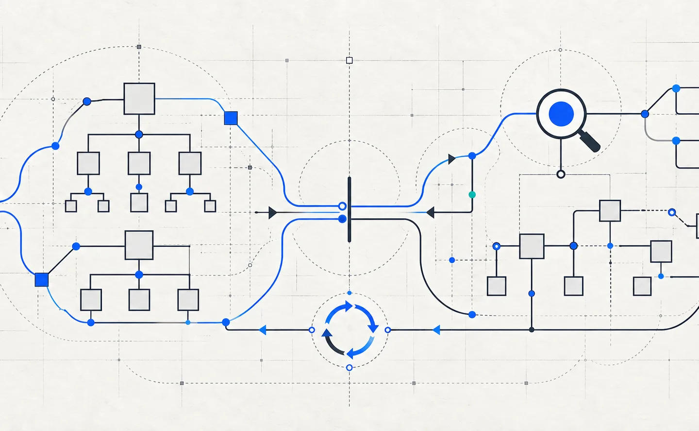 Editorial diagram of website architecture and search paths starting together, crossing a launch marker, and continuing as a feedback loop.