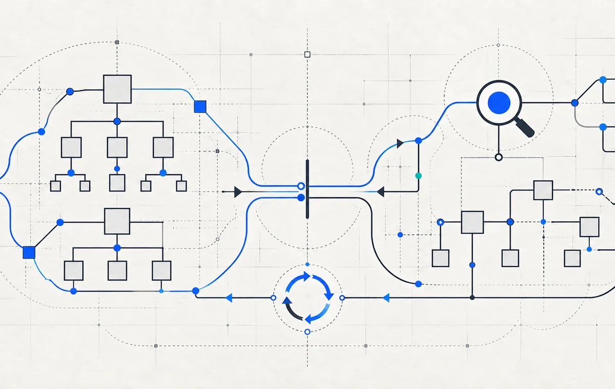 Editorial diagram of website architecture and search paths starting together, crossing a launch marker, and continuing as a feedback loop.