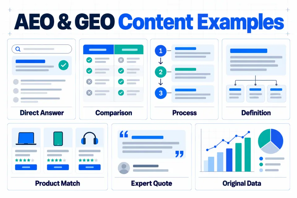 An infographic presenting seven reusable AEO and GEO content formats, from direct answers to original data.