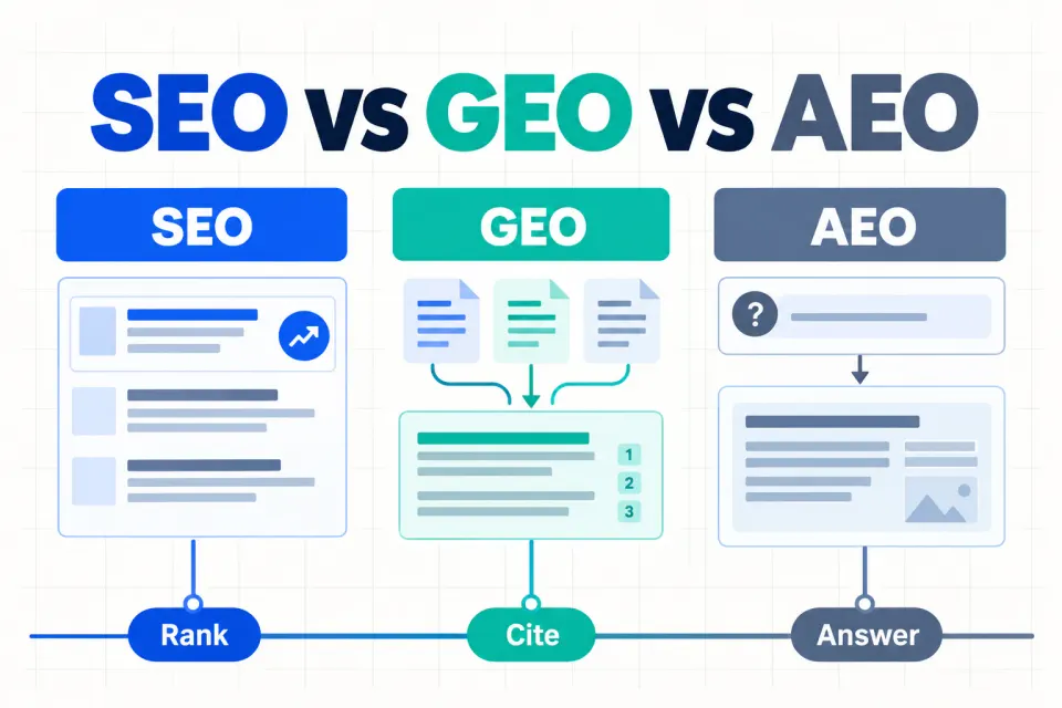 An infographic comparing SEO, GEO, and AEO by their core outputs: rank, cite, and answer.