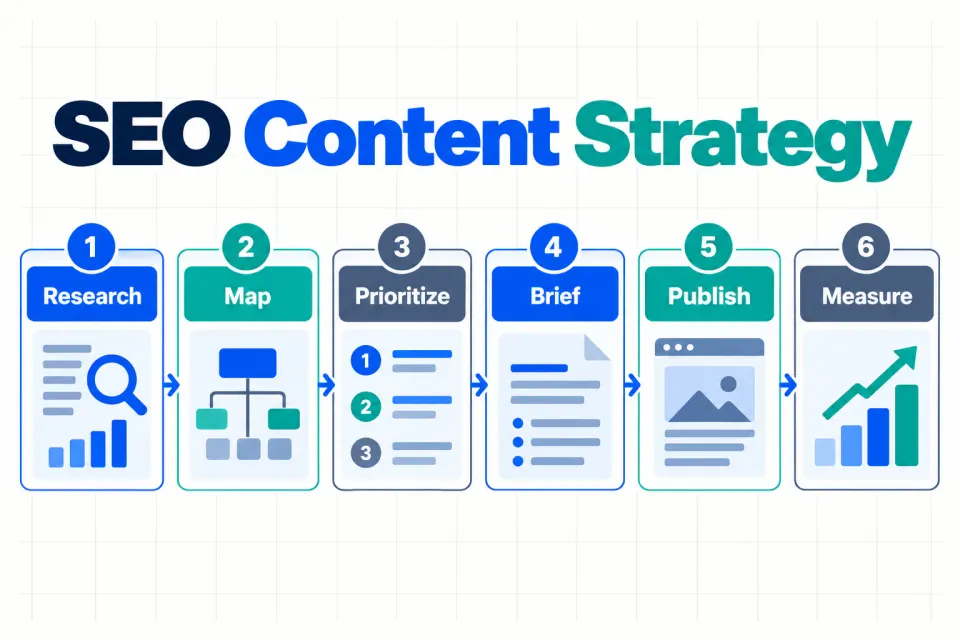 An SEO content strategy workflow moving from research and mapping through publishing and measurement.