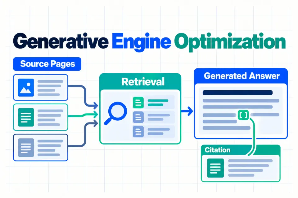 An infographic showing source pages moving through retrieval into a generated answer and citation.