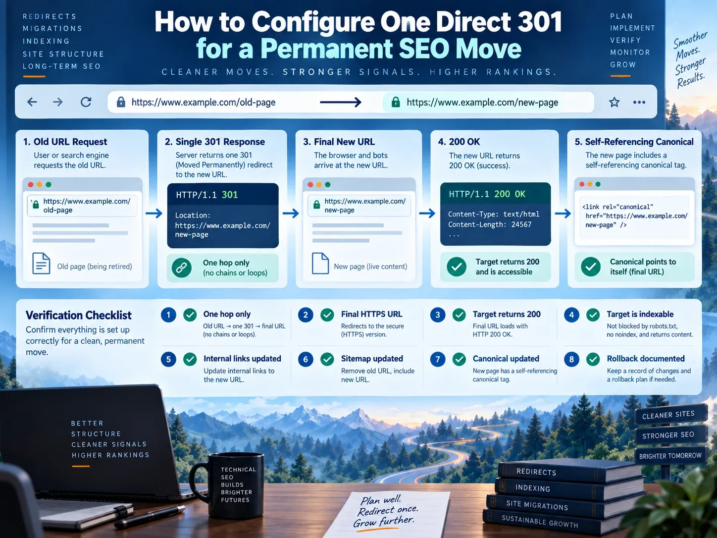 Permanent SEO redirect workflow showing one direct 301 from an old URL to a final 200 page