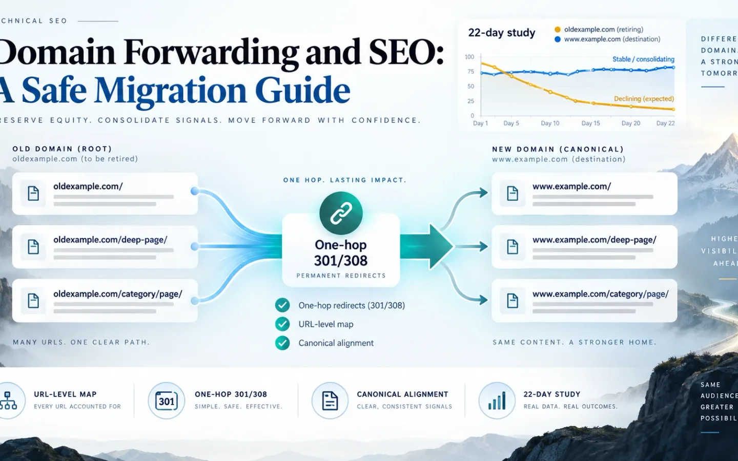 Domain forwarding migration diagram mapping old-domain URLs to relevant pages on a new domain