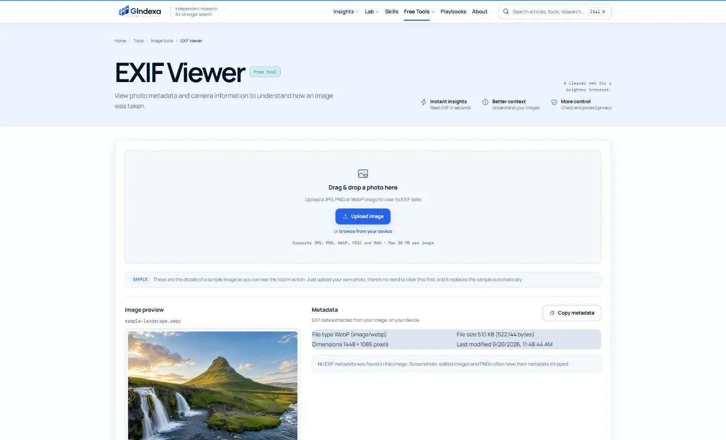 The GIndexa EXIF Viewer interface showing its upload area, image preview and extracted file metadata panel.