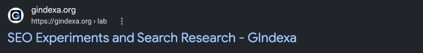 Google result for the GIndexa Lab page with GIndexa added after the HTML title text