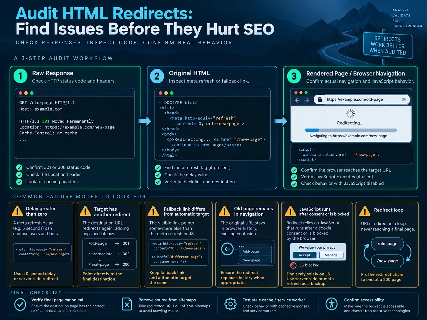 HTML redirect audit checklist covering response status, target, canonical, rendering, cache, and accessibility