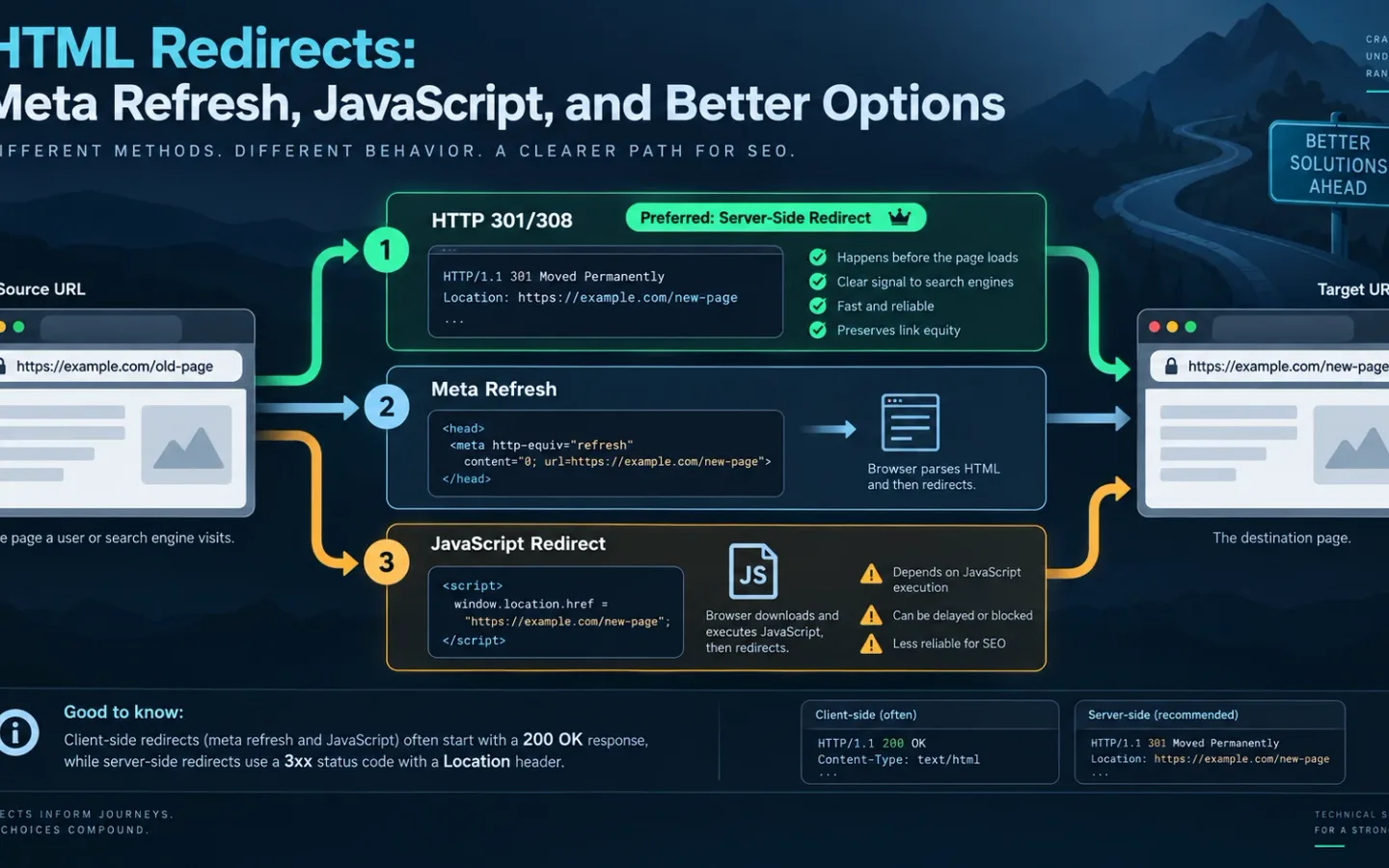 Diagram comparing server-side, meta refresh, and JavaScript redirect paths