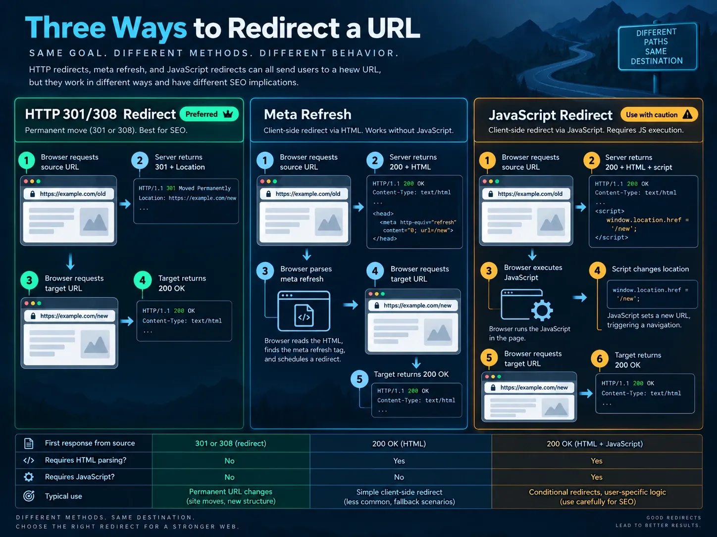 Three URL redirect methods showing HTTP status, meta refresh, and JavaScript navigation