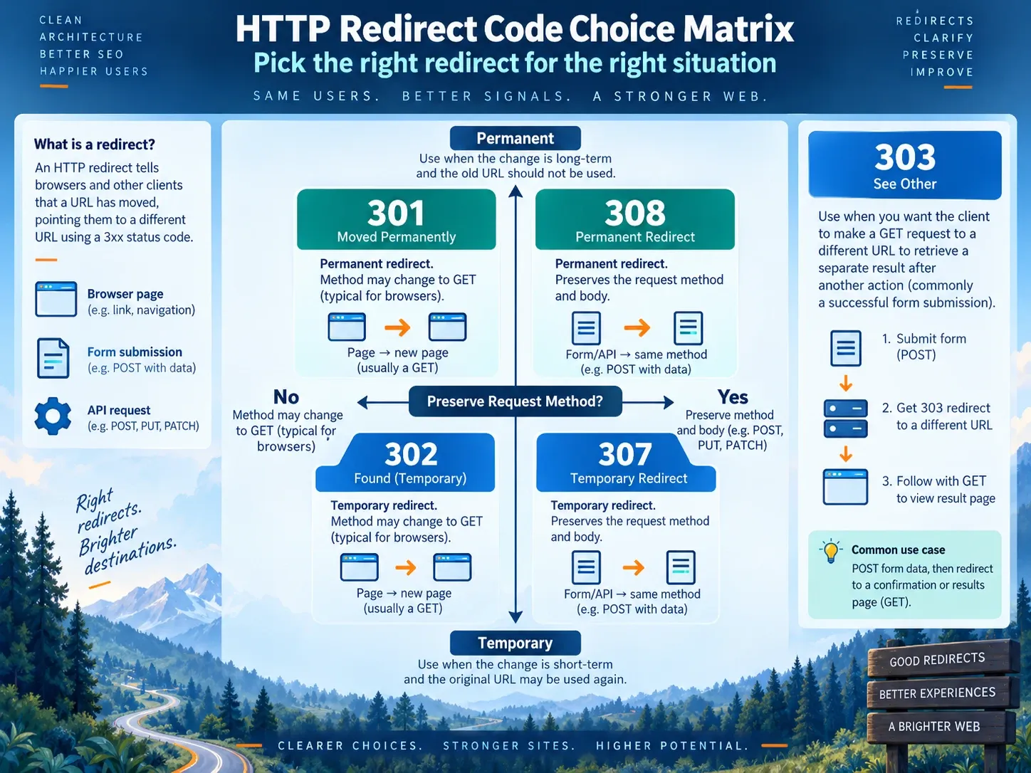 Redirect code choice matrix organized by permanence, request method, and expected client behavior