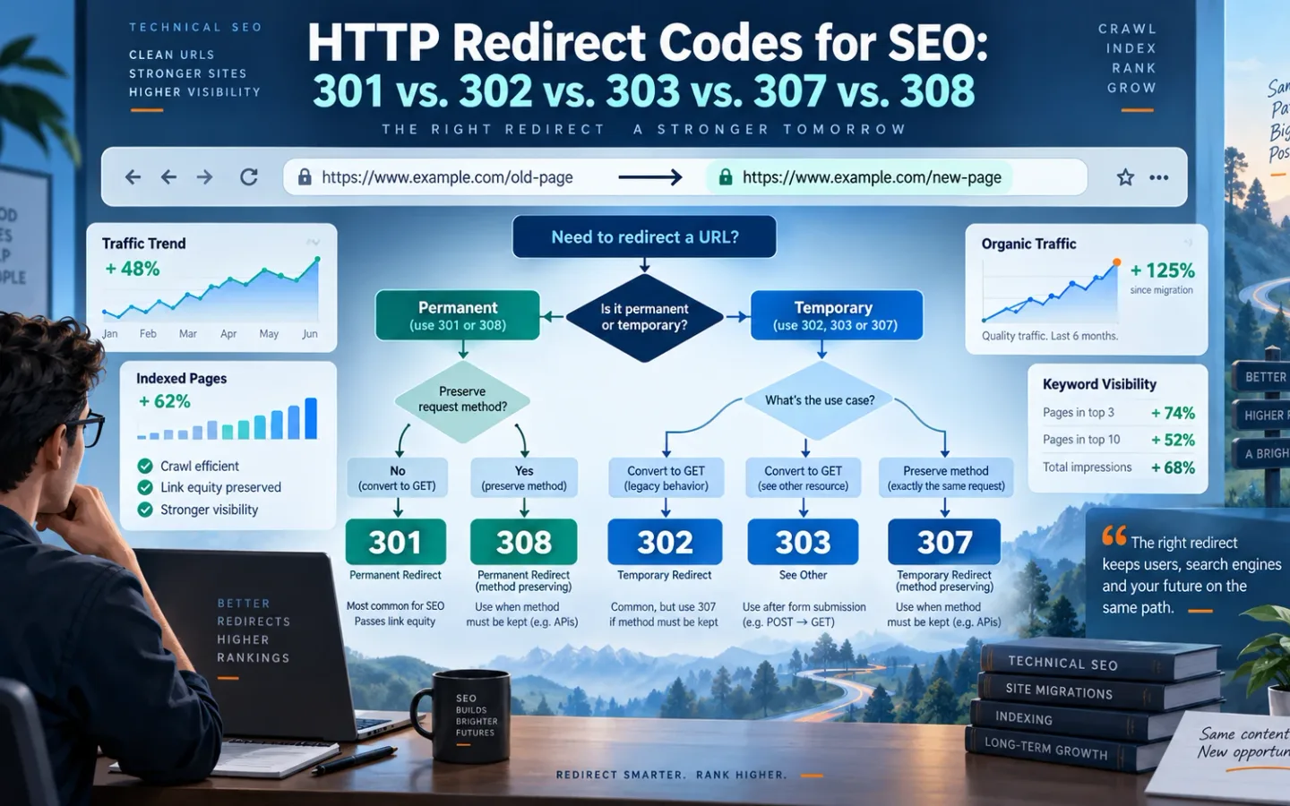 HTTP redirect code dashboard comparing 301, 302, 303, 307, and 308 responses
