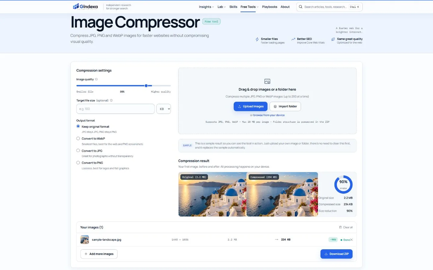 The GIndexa Image Compressor interface showing compression settings, batch upload controls and an original-versus-compressed image comparison.