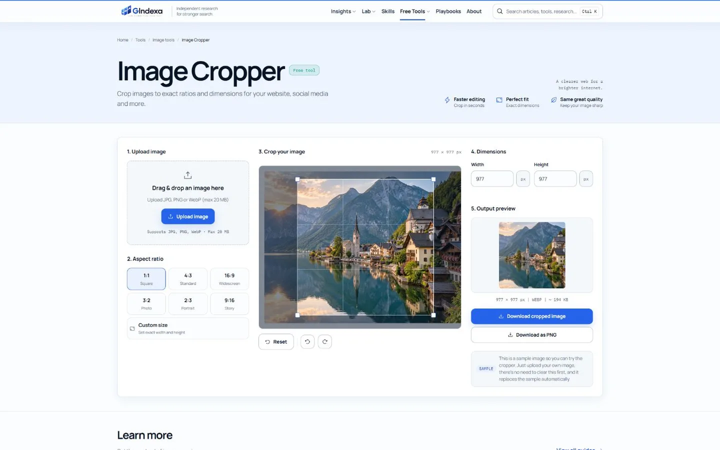 The GIndexa Image Cropper interface showing aspect-ratio presets, an adjustable crop frame and the cropped output preview.