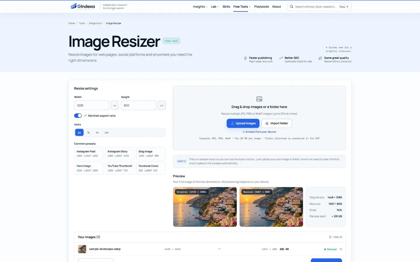 The GIndexa Image Resizer interface showing pixel dimensions, aspect-ratio controls, presets and an original-versus-resized image preview.