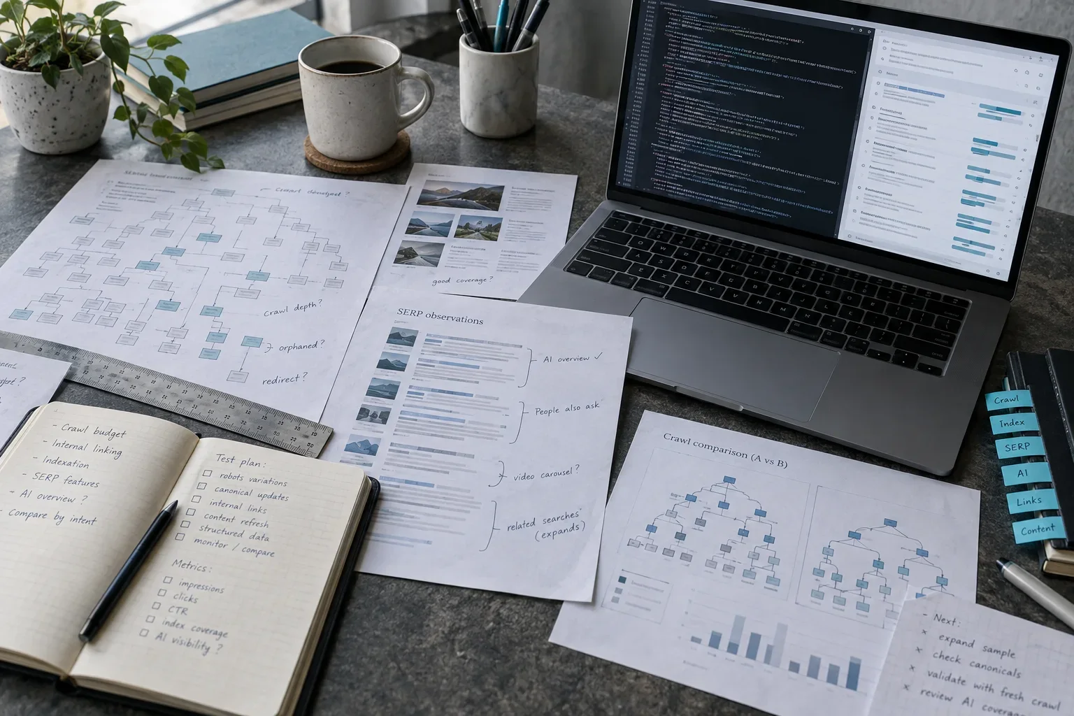An active search research workspace with crawl maps, SERP observations, experiment notes and a laptop.
