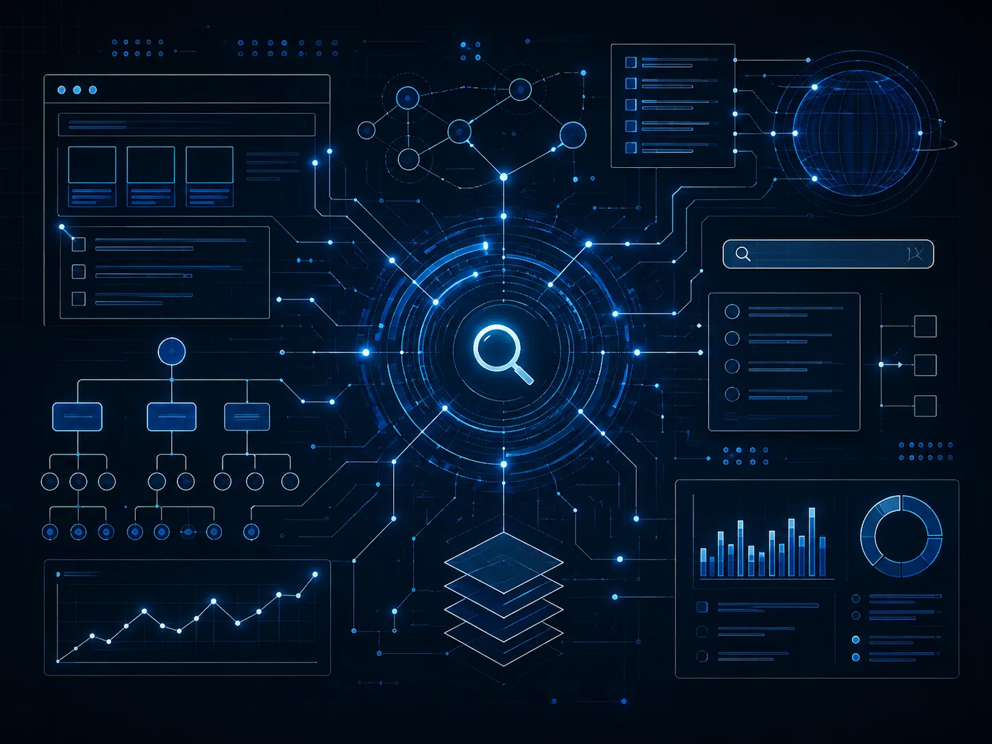 A dark schematic linking a central search icon to a globe, a site tree, panels and charts.