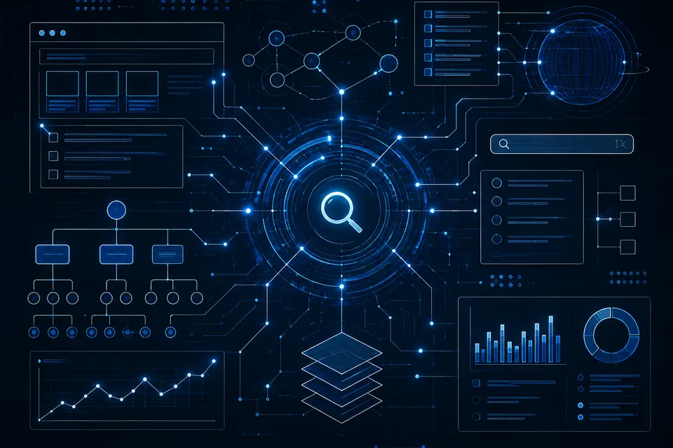 A dark schematic linking a central search icon to a globe, a site hierarchy tree, panels and charts.
