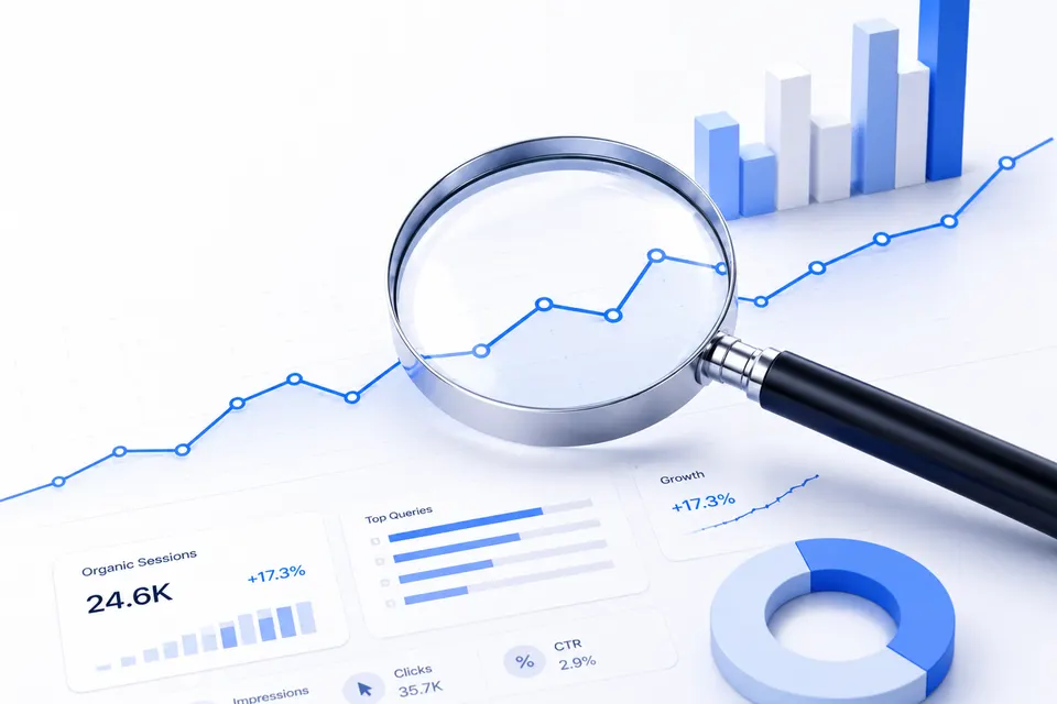 A magnifying glass over a blue search analytics dashboard showing top queries, clicks and a rising traffic line.