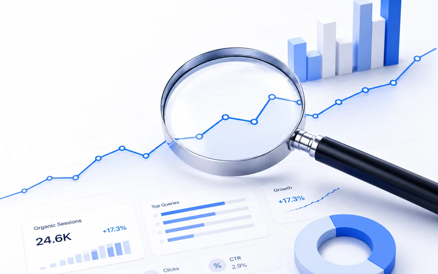A magnifying glass over a blue search analytics dashboard showing top queries, clicks and a rising traffic line.