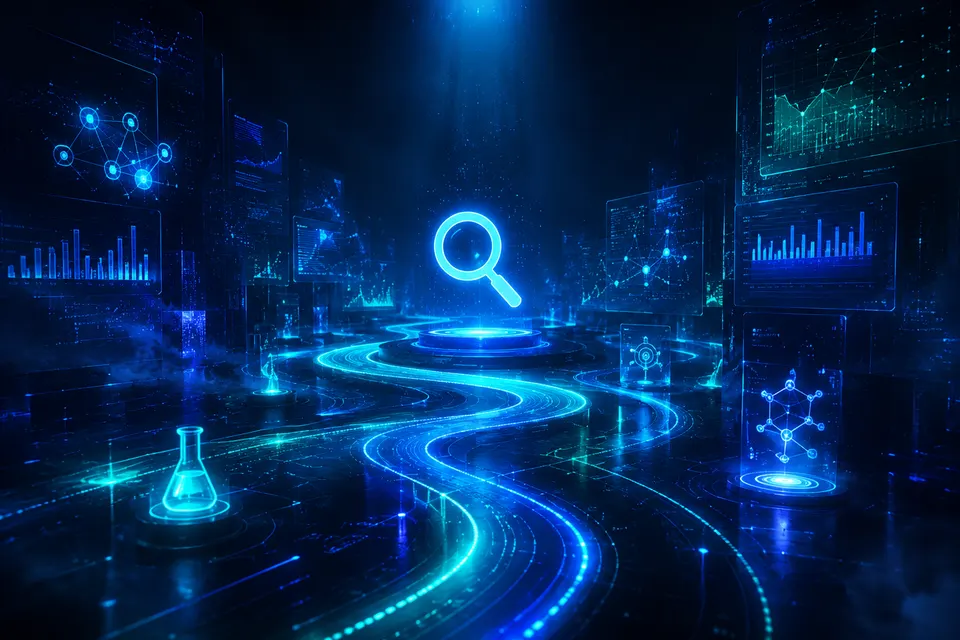 A futuristic dark scene with a glowing magnifier on a pedestal, data streams and floating screens of charts and node graphs.