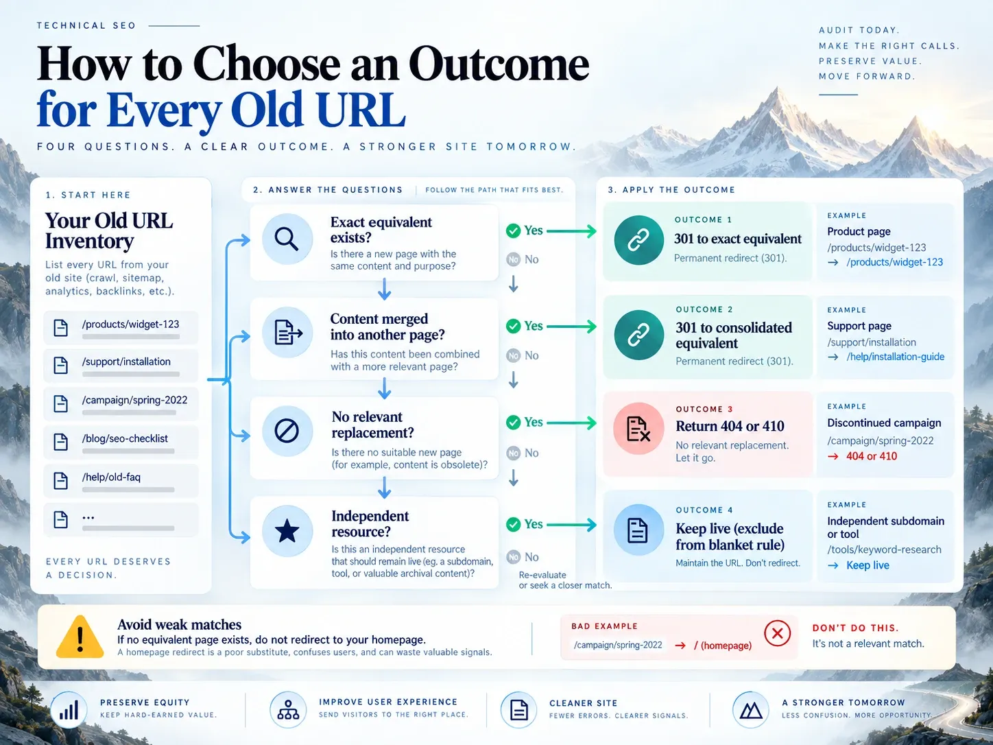 Decision map assigning each old URL to an equivalent page, consolidated page, 404 or 410, or a retained resource
