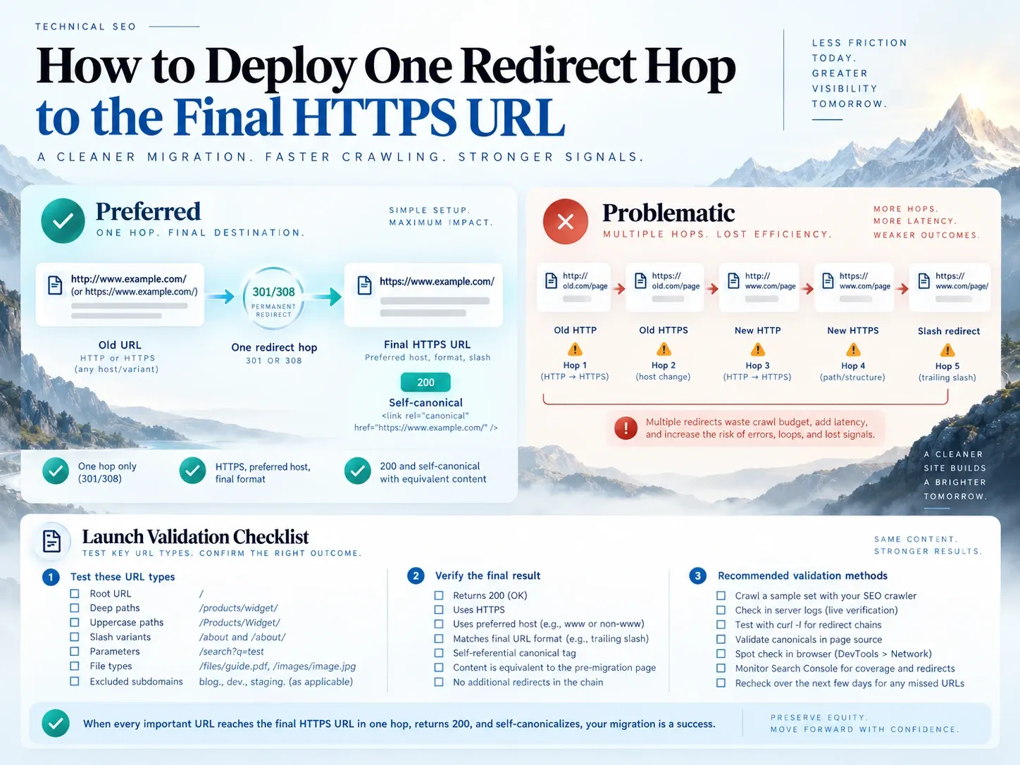 Comparison of a direct one-hop HTTPS domain redirect with a multi-hop redirect chain