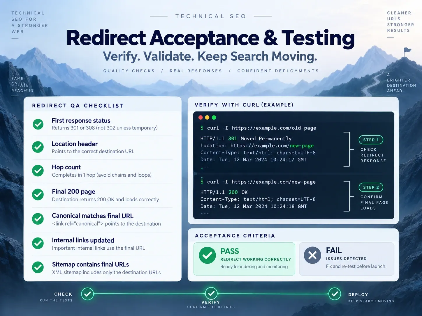 Redirect acceptance checklist beside a terminal trace of status codes and final destination
