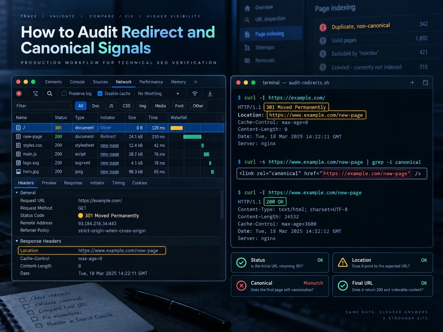 Redirect and canonical audit dashboard comparing response hops, HTML tags, sitemaps, and rendered output