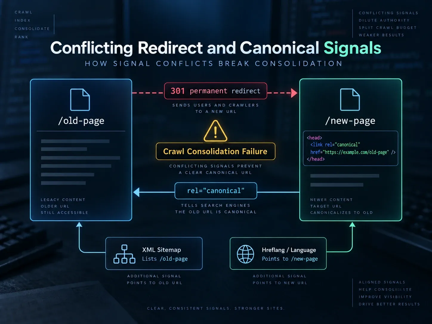 Flow diagram showing a redirect and canonical tag sending conflicting signals between old and new URLs