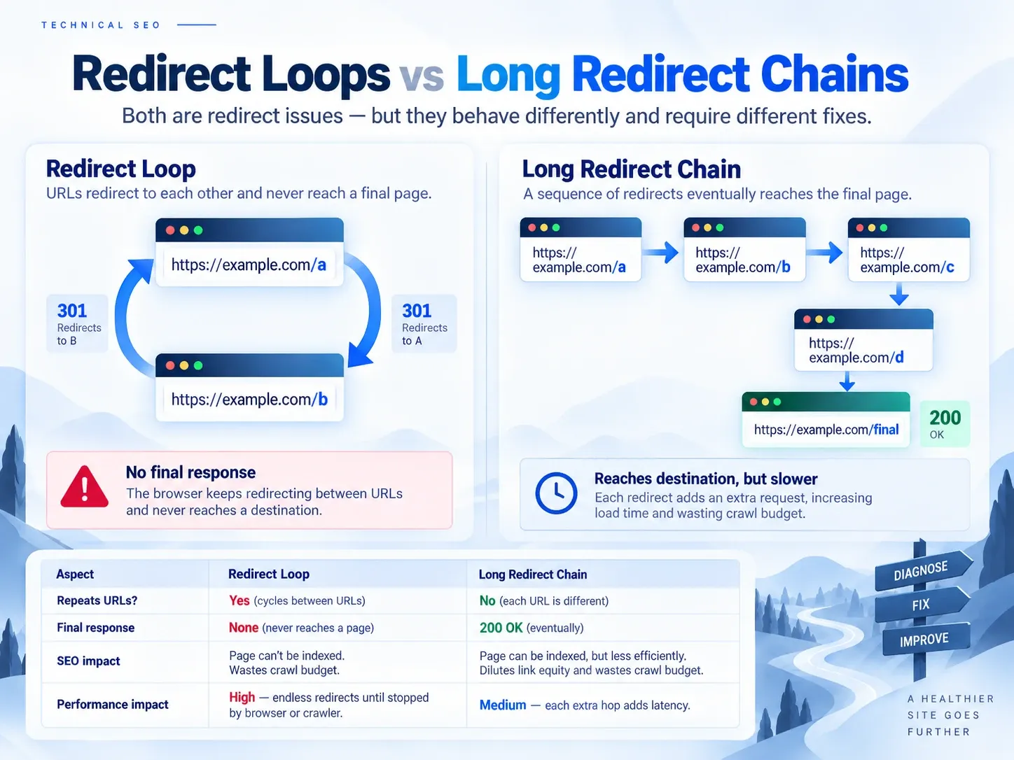 Comparison of a repeating redirect loop with a long redirect chain that eventually reaches a final page