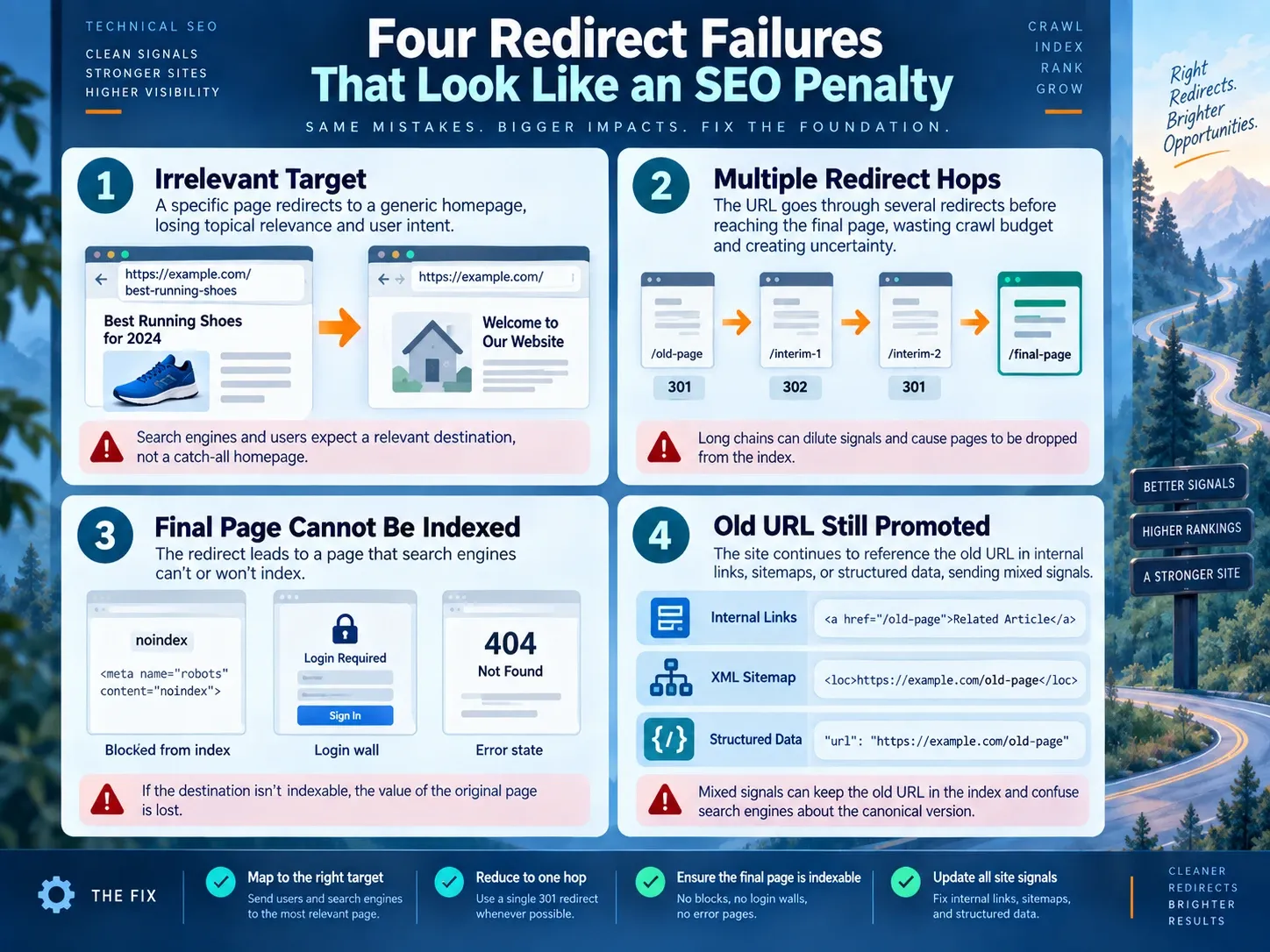 Four redirect failures: irrelevant target, multiple hops, blocked destination, and stale internal signals