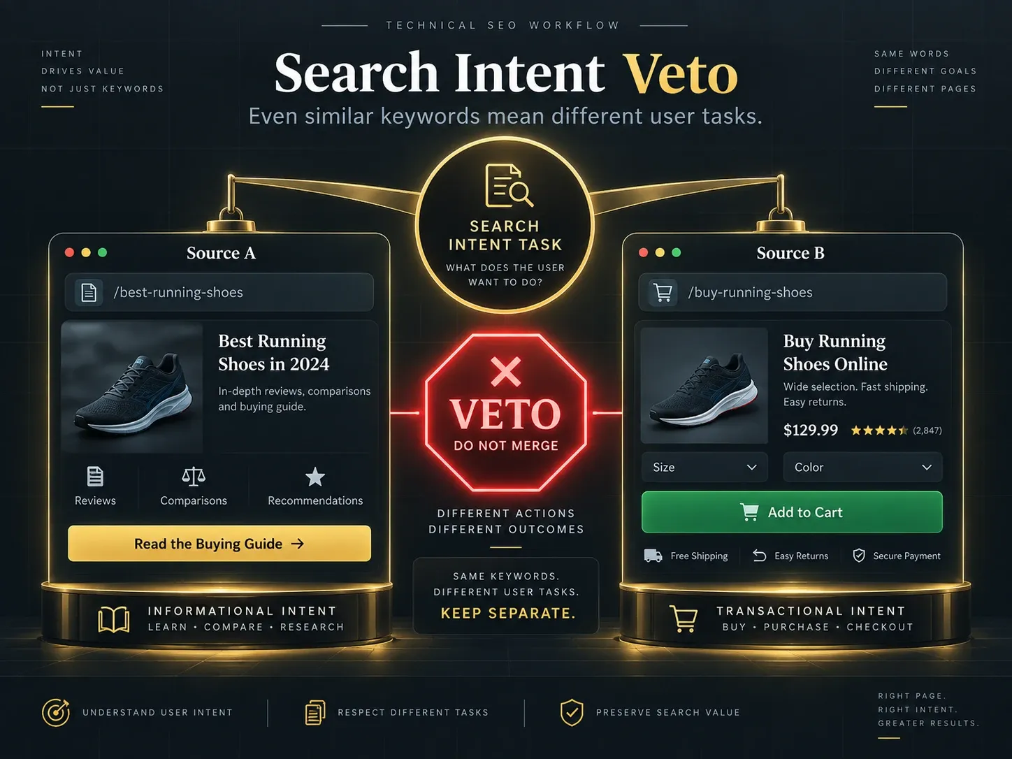Search intent veto worksheet comparing two pages before approving or rejecting consolidation