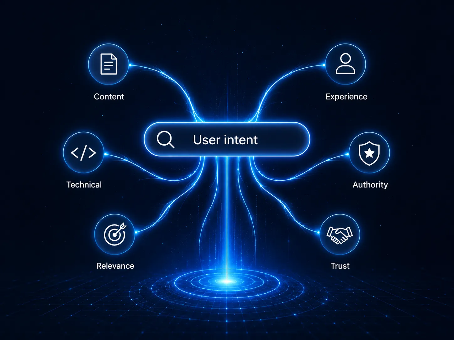 A glowing search bar labeled user intent linked to six ranking factors around it.