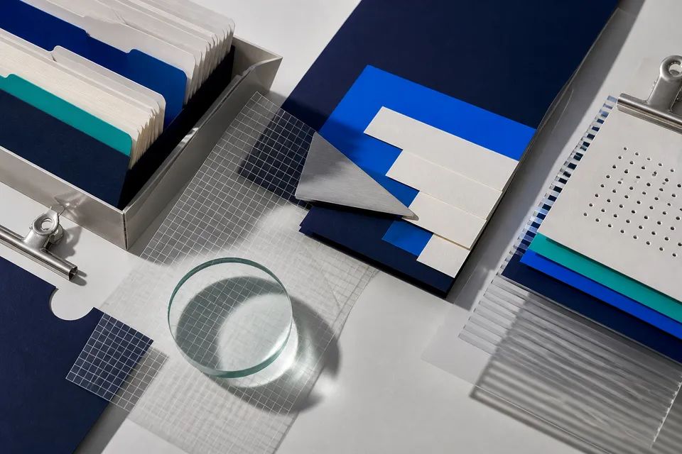 A search research workspace with notebooks, charts and blue reference materials.