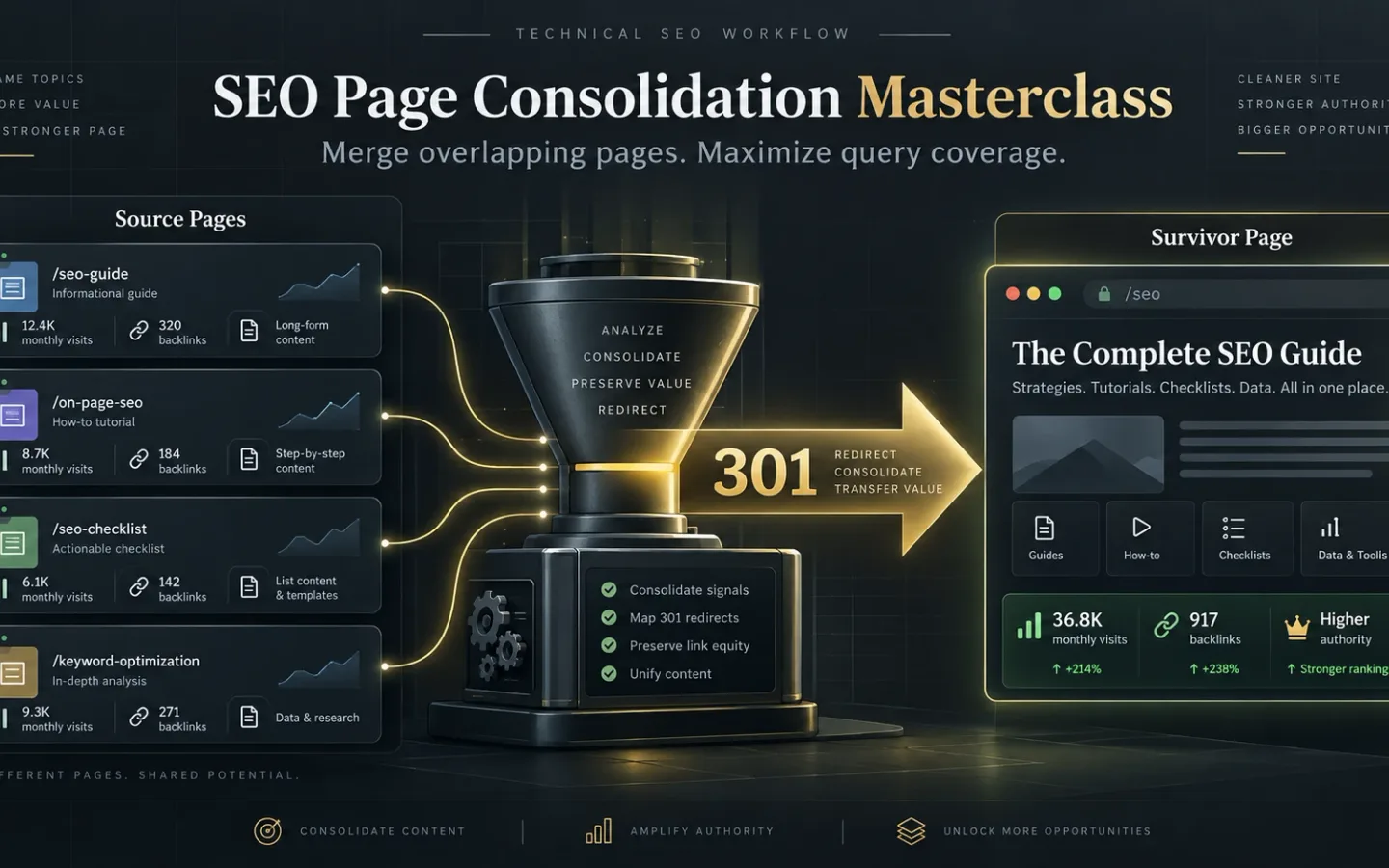 SEO page consolidation diagram merging several source pages through 301 redirects into one complete guide