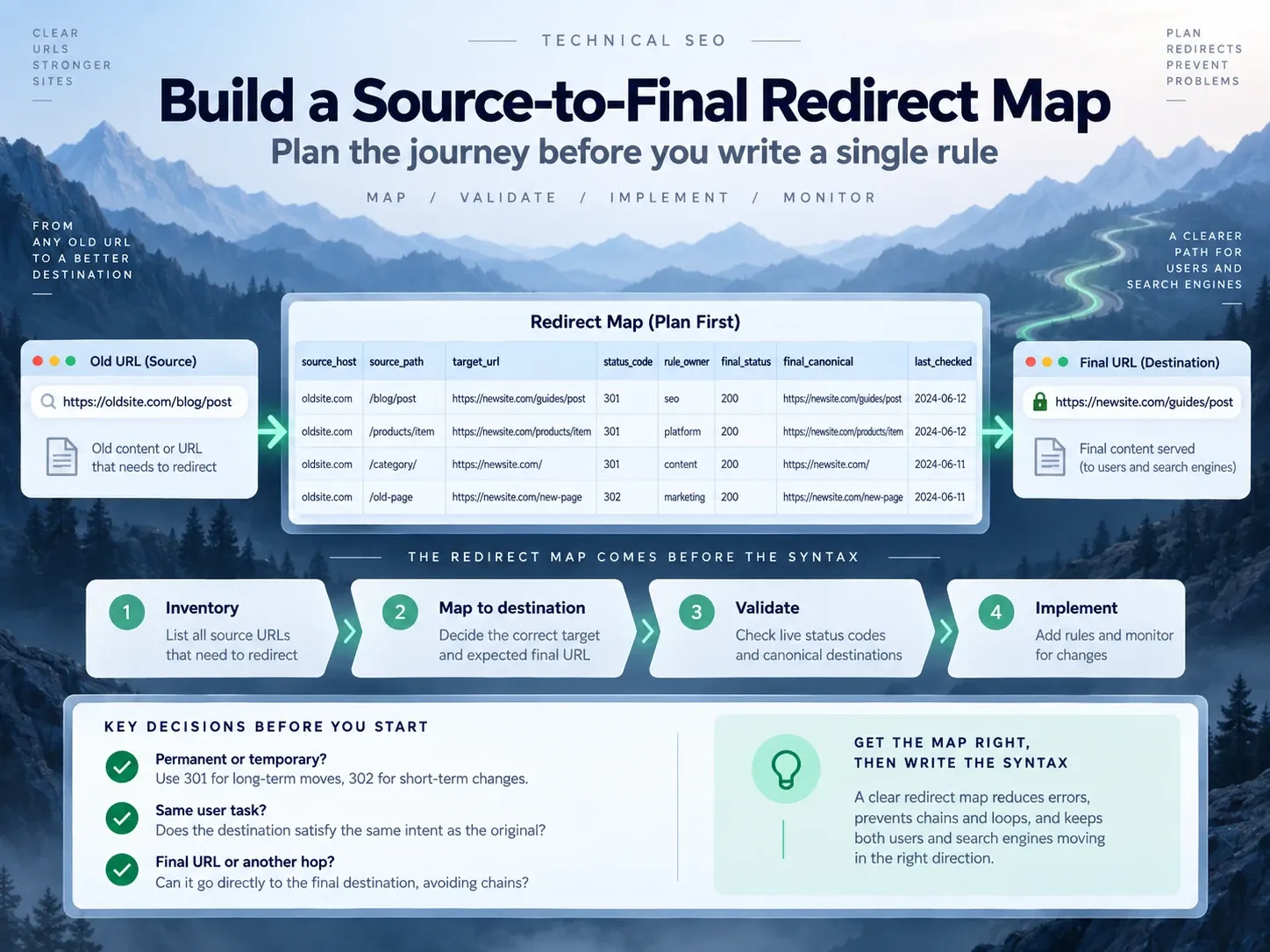 Source-to-final redirect map recording source URLs, targets, status codes, owners, and validation results